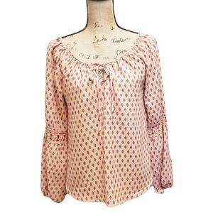 Peasant Blouse, Peach Print, Size S, Active USA, Bow Tie Detail